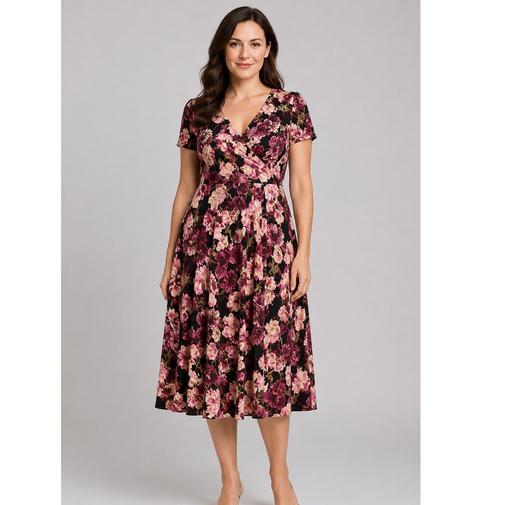 Torrid Super Soft Knit Dress 2 2X 18-20 Dusk Rose Floral Surplice Drape Front